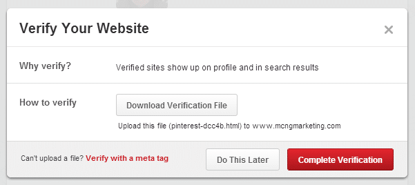 Confirmation of Verification for a Pinterest Website